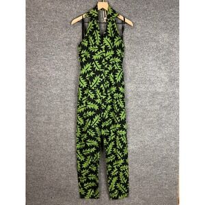 Vintage Cathy Hardwick Women Green Black Leaf Print Sleeveless Jumpsuit Linen‎ 4